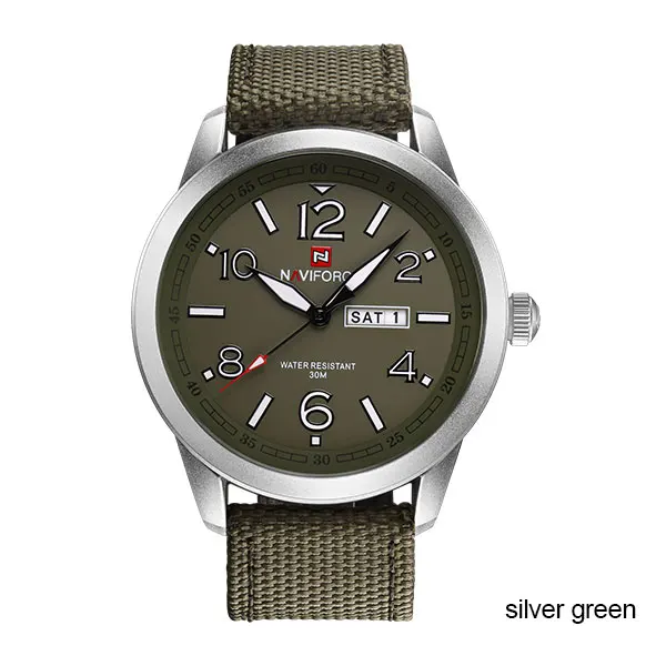 silver green Мужские кварцевые часы от бренда NAVIFORCE, модные спортивные часы с календарем, нейлоновый ремешок, наручные часы, подарочные часы с коробкой, 30 м, водонепроницаемые - Цвет: silver green