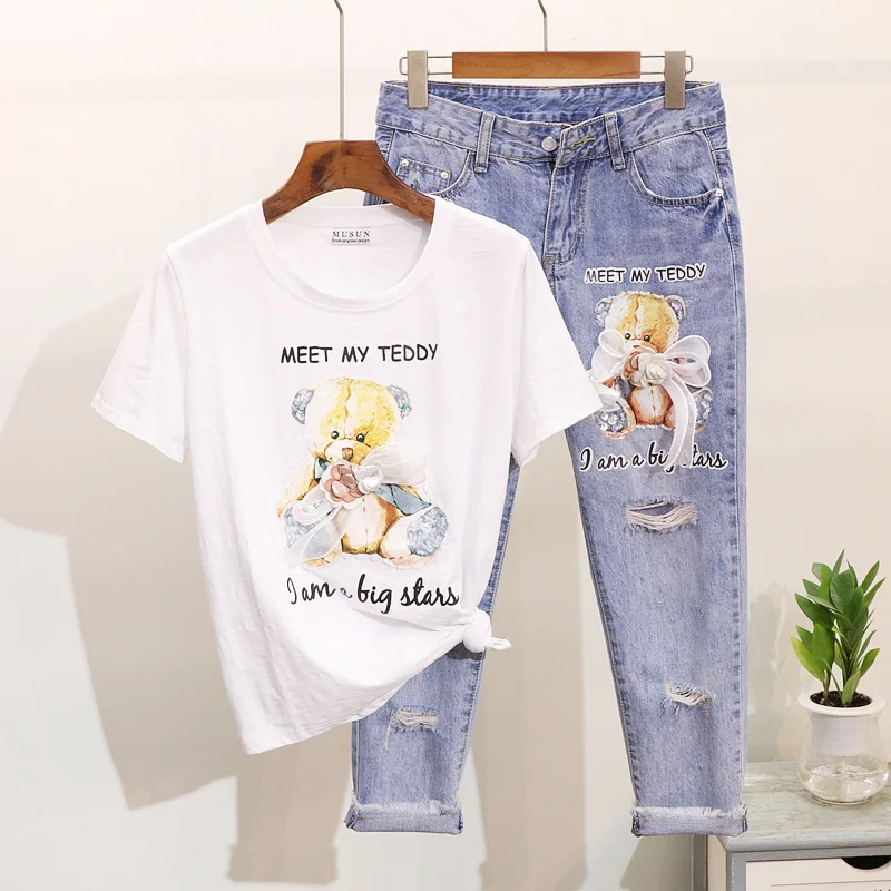 2019 весна лето 2 Джинсы pieces костюмы мультфильм Медведь футболка Топы + джинсы брюки