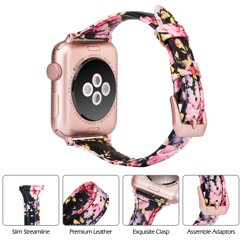Ремешок кожаный для Apple Watch Band Премиум гибкий стильный браслет с цветочным