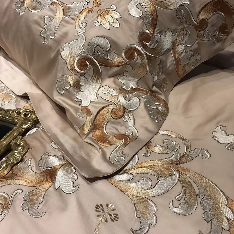 Pink 100S Egyptian Cotton Luxury Royal Embroidery Bedding Set 4/6pcs King Queen Wedding Bed Sheet Cover set Duvet golden | Дом и сад