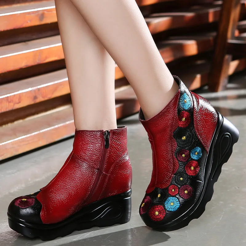 

YAERNI Original Handmade Flower Genuine Leather Boots Women Fashion Shoes Wedge High Heel Boots Plus Velvet Winter Women Boots