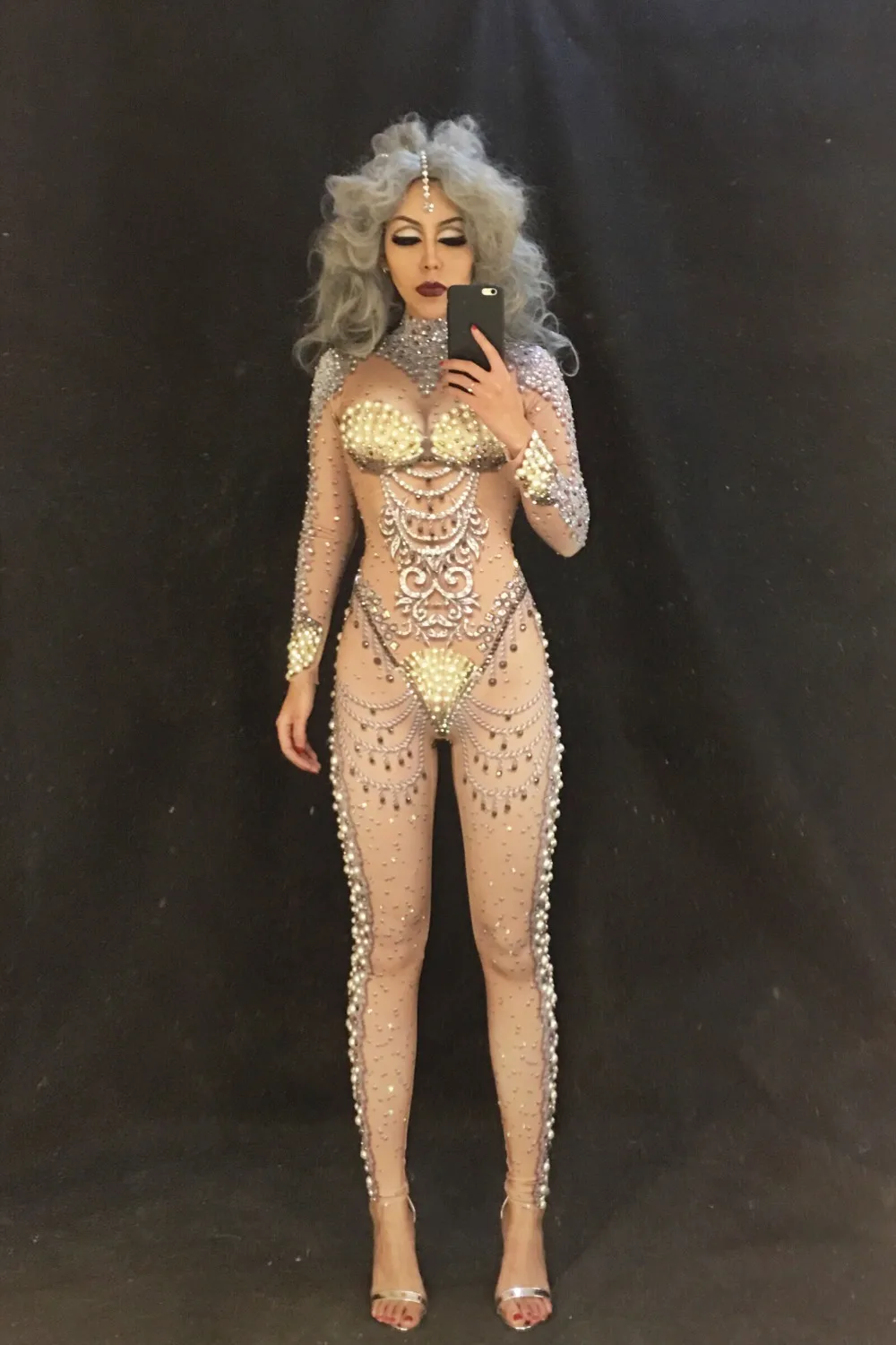 White Queen Nightclub Stage Costume DJ DS Singers Jumpsuit Sparkling Crystals Bodysuit Bling Women's Outfit Birthday Celebrate