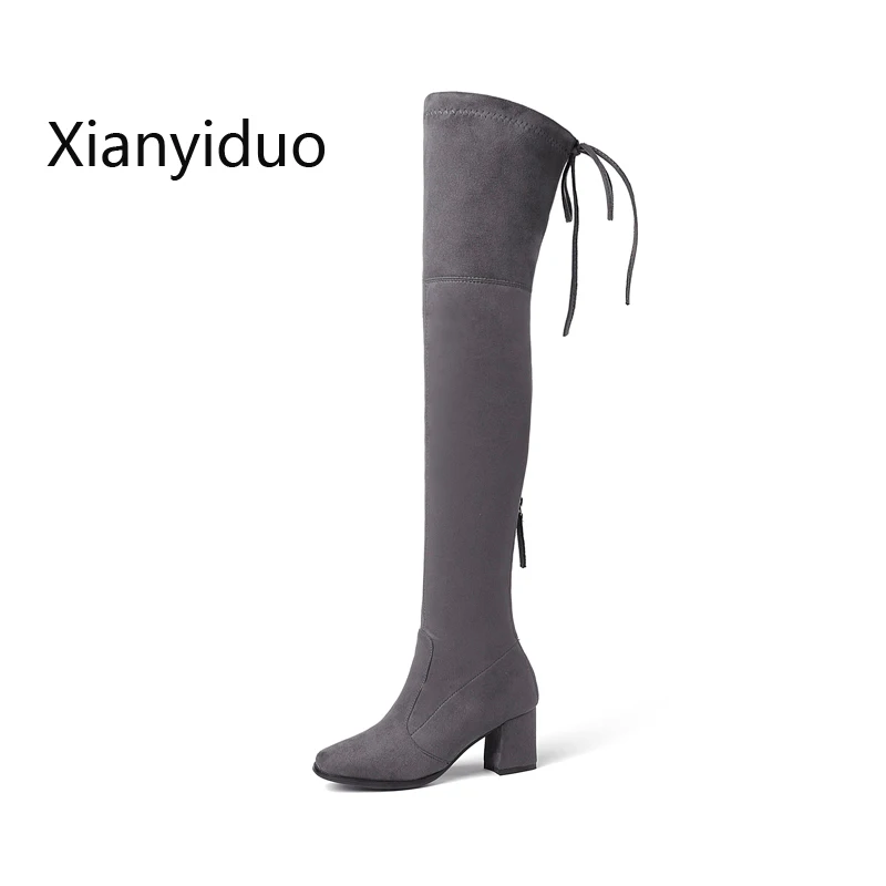 Xianyiduo/Женская обувь микро растягивающиеся сапоги до бедра из эластичной замши