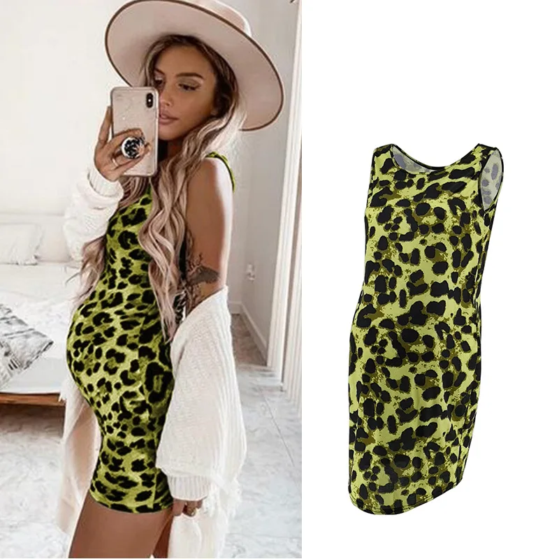 

Women's Side Ruched Maternity Clothes Leopard Bodycon Dress Mama Summer Casual Sleeveless Wrap Dresses Pregnancy Clothes