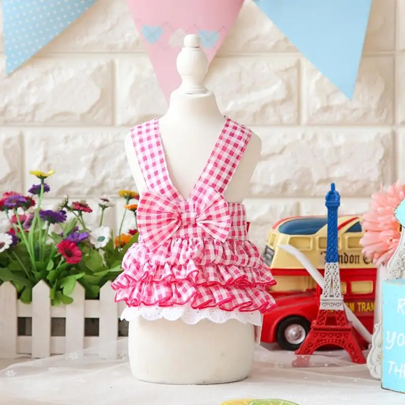 Яркие клетчатые хлопковые платья с бантиками одежда для собак кошек 2017 летняя