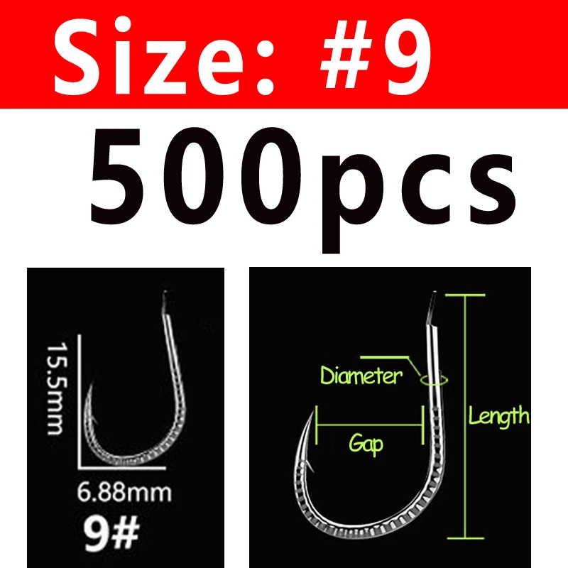 Size 9 500PCS Bimoo 500 шт. серебряный дракон весы с крючком Карп Рыболовный крючок колючая пресноводная рыба Крючки сельдь трава крючок для ловли карпа#1~#13 - Цвет: Size 9 500PCS