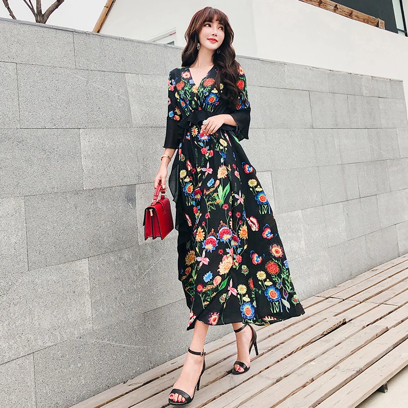 Цветочный принт длинное платье Женский новое поступление плотно талии летнее