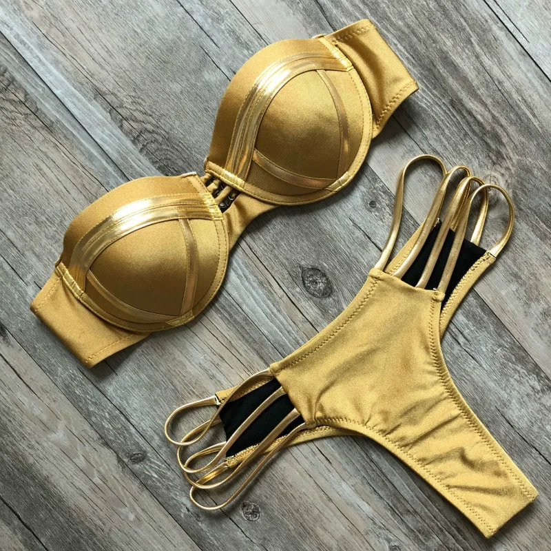 2018 Gold Stamping Bikini Set Sexy Padded Women Swimsuit Push Up Bandeau Swimwear Summer Beachwear Brazil Bathing Suit |