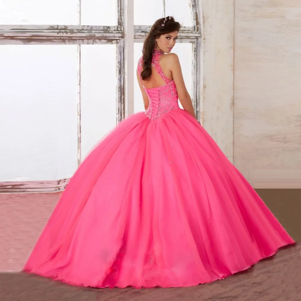 Пышные бальные платья Quinceanera фатиновые с высокой горловиной и кружевной