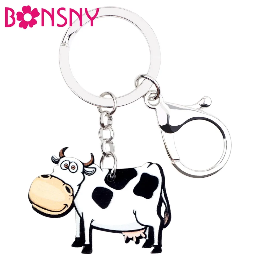 

Bonsny Acrylic Dairy Milk Cow Key Chains Keychain Rings Cartoon Farm Animal Jewelry For Women Girls Teen Handbag Car Charms Gift