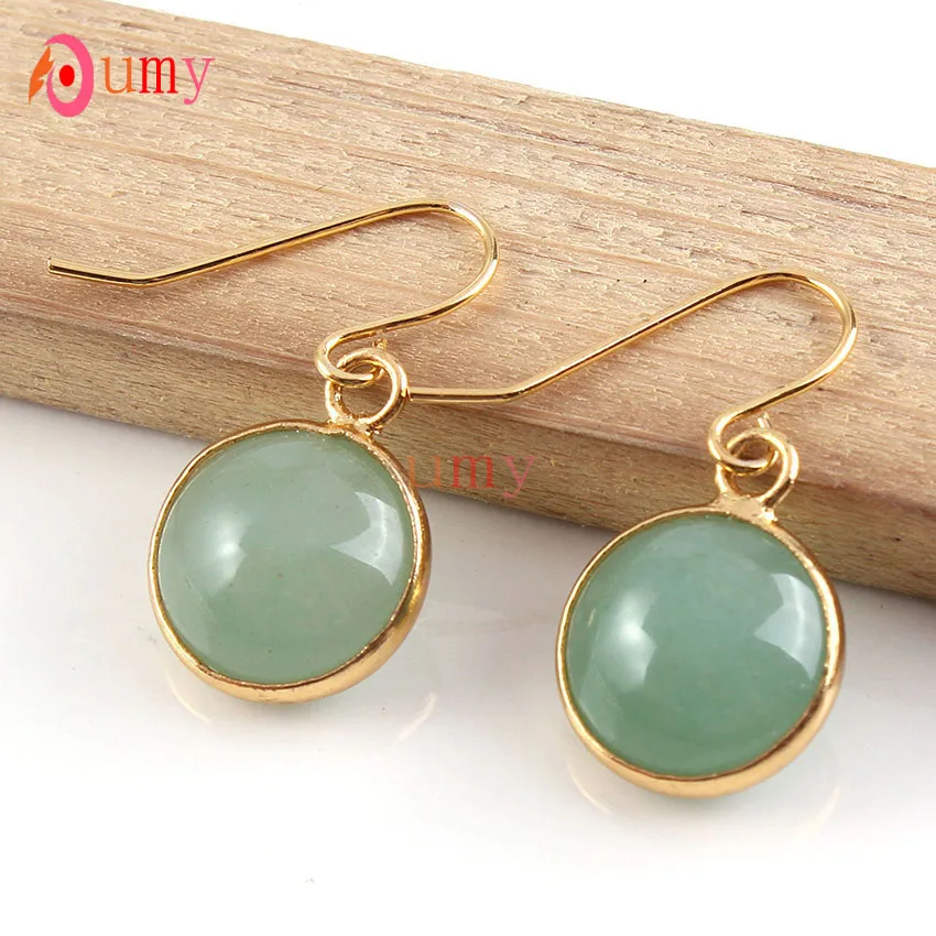 Green Aventurine Крафт-бисер светильник цвета желтого золота Круглые пурпурные аметисты розовый кварцевый кристалл черный Агаты кабошон Висячие серьги для женщин - Окраска металла: Green Aventurine