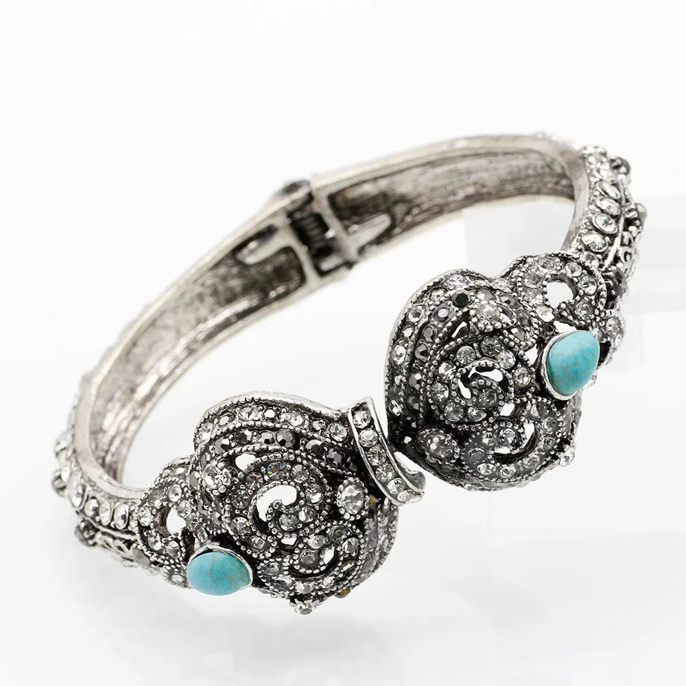 SUNSPICE-MS retro silver color turkish flower bangle for women ethnic wedding rhinestone jewelry vintage indian cuff bracelet