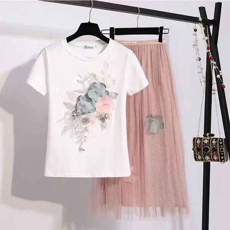 Милый весенне летний костюм Harajuku с вышитыми бисером трехмерными цветами и