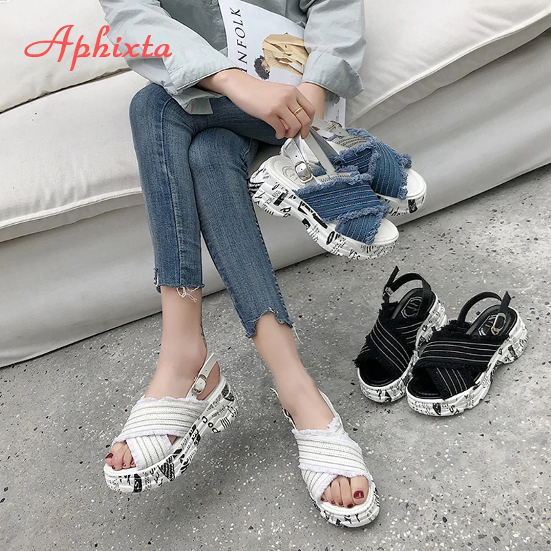 Aphixta Platform Sandals Women Wedge Heels Shoes Buckle Denim Jean Summer Zapatos Mujer Canvas Slippers Woman Sandal | Обувь