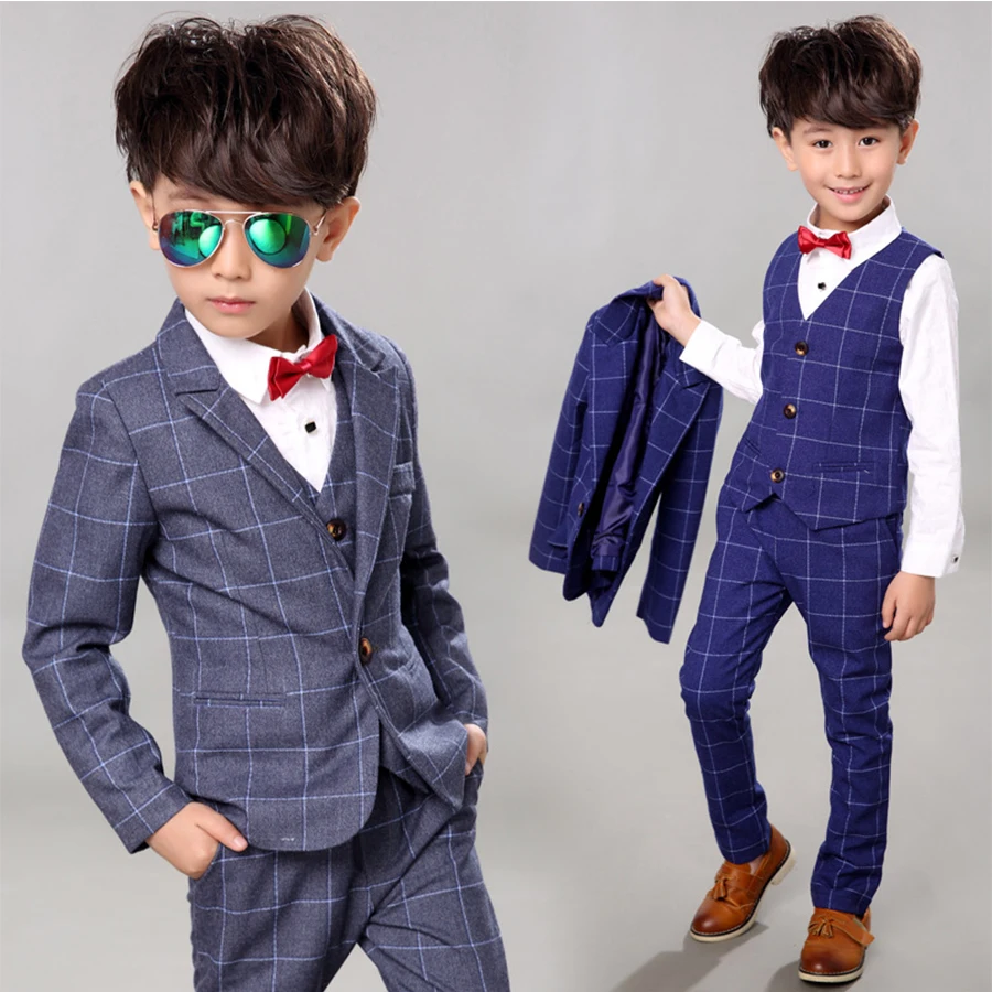 Цветок Костюмы на свадьбу для мальчиков Комплекты в клетку детей пиджак жилет и