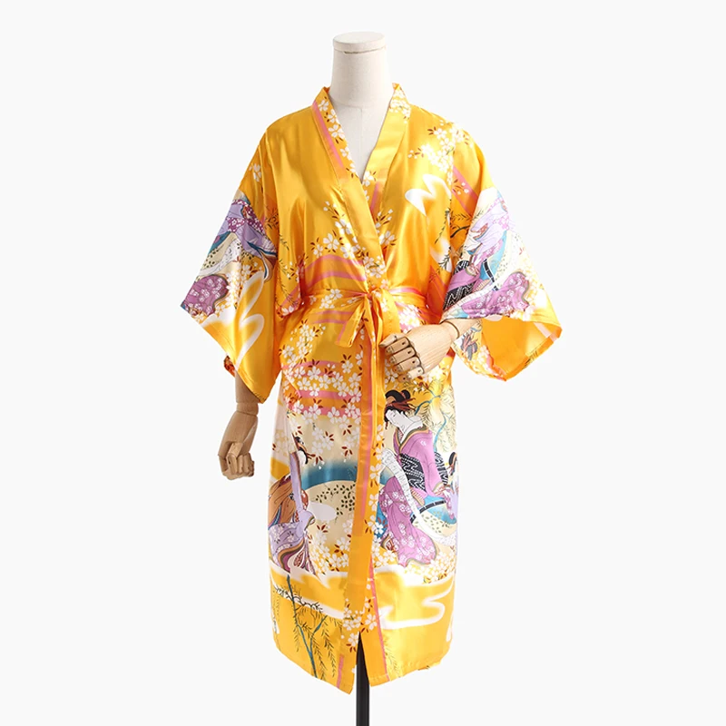 Женское длинное шелковое кимоно летнее японское с цветочным принтом|dressing gown|robe