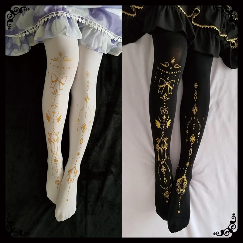 

Vintage Women's Lolita Tights Wings Bows Velvet Pantyhose Bronzing Cosplay Kawaii Cute Elegant Socks Sweet Black / White Japan