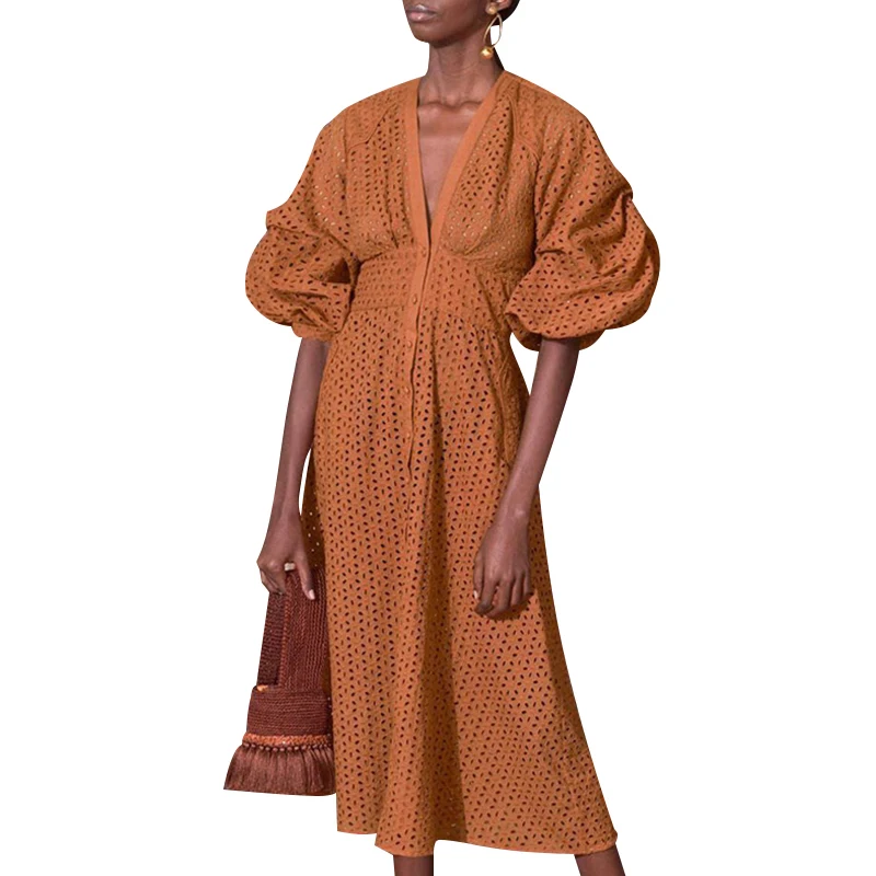 CHICEVER Summer Vintage A Line Dress Female Puff Sleeve V Neck High Waist Button Hollow Out Dresses For Women Fashion New