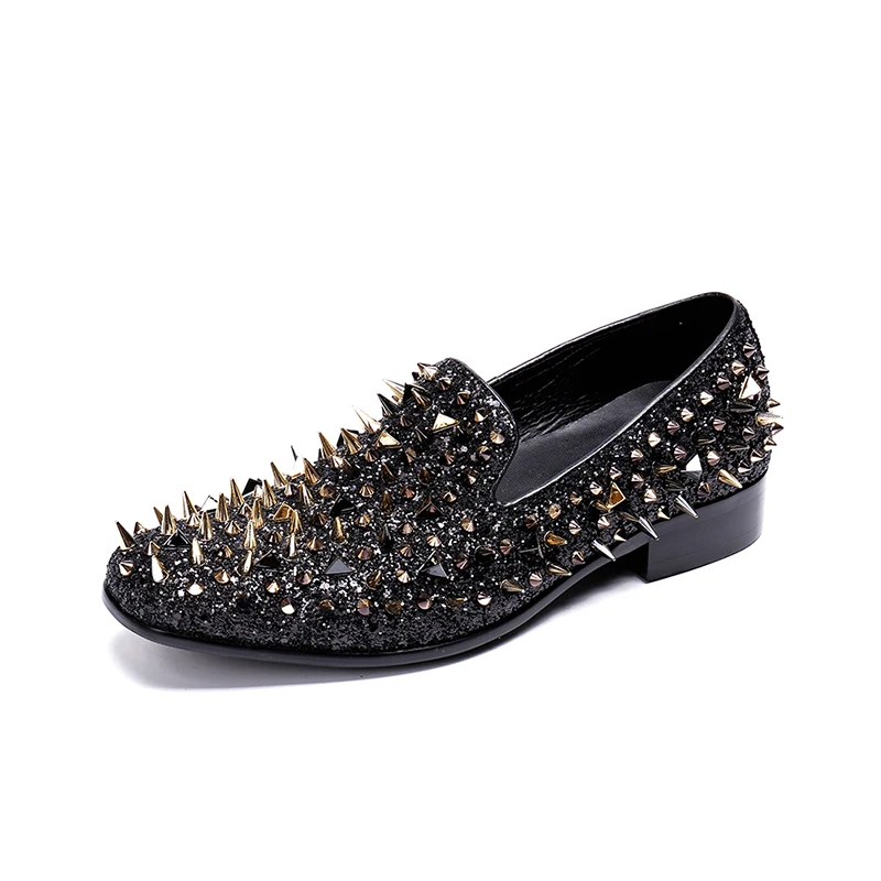 

NA127 2021 Handmade Fashion Men dress shoes Rivet Rhinestone Black Gold Party Wedding Shoes flats Driving Shoes Loafers