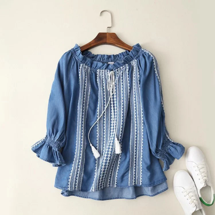 Осень Лето blusas femininas джинсовые рубашки для дам Тяжелая Вышивка Повседневная Блузка женские свободные джинсовые рубашки синий