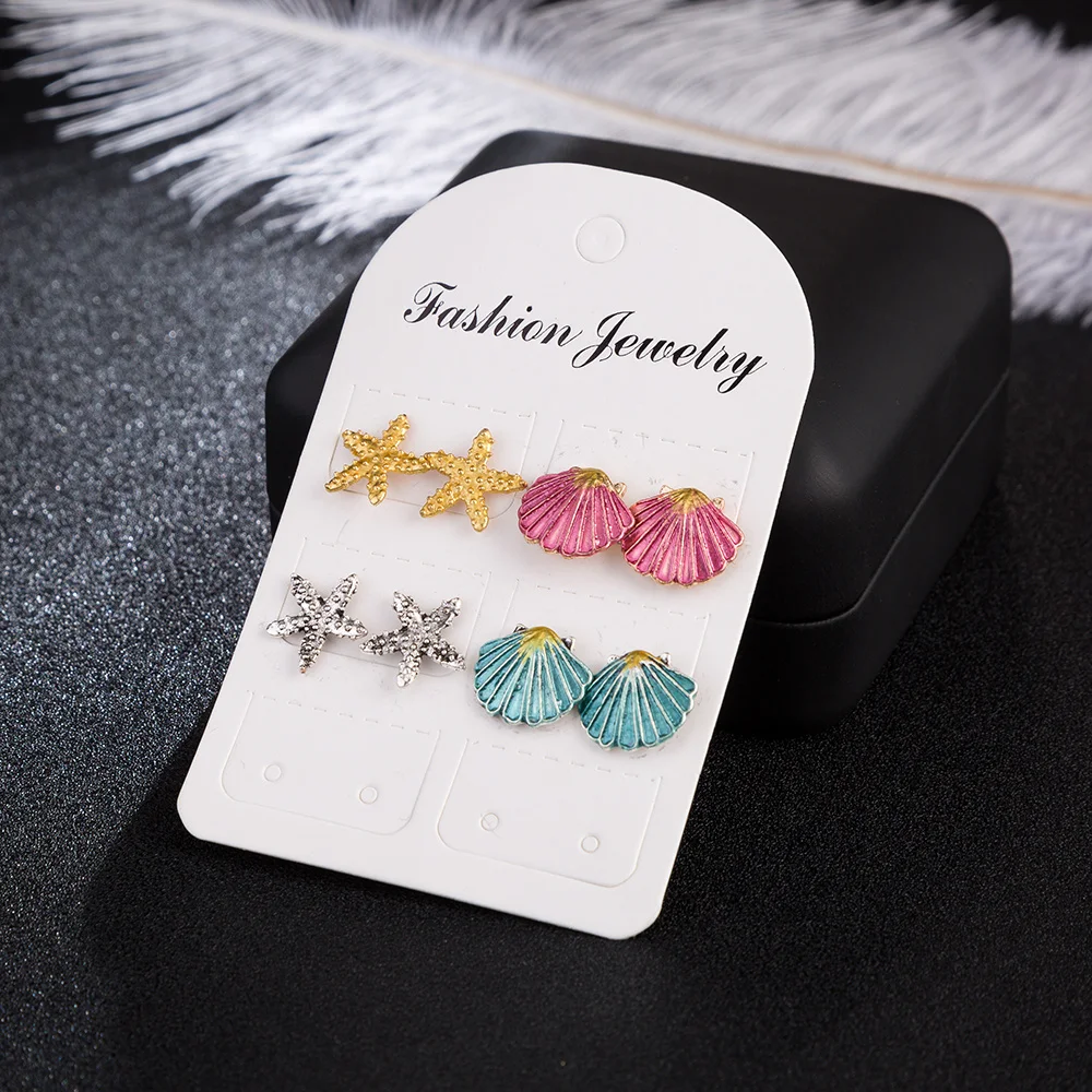 

WNGMNGL 2018 New Fashion 4 Pairs/Set Seashell starfish Mixed Stud Earrings for Women Bohemian Summer Beach Holiday Jewelry Gift