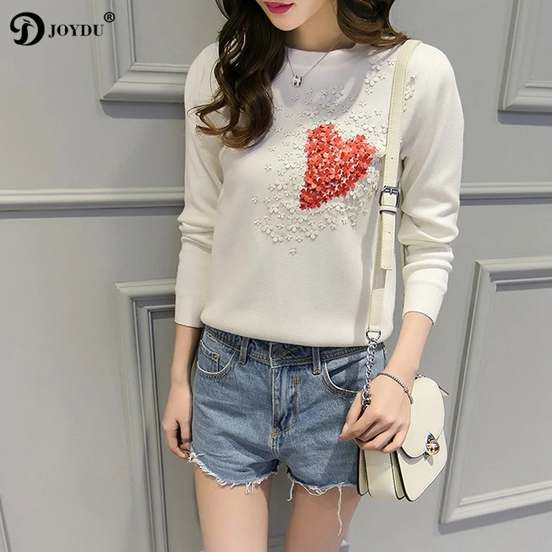 JOYDU Runway Design Sweater Women 2018 Long Sleeve Knit Pullover Heart Pattern Flower Beading Novelty Casual Jumper pull femme | Женская
