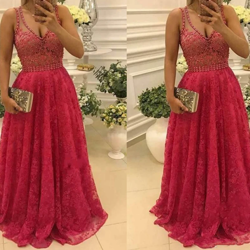 

2021 Latest V-neck Long Prom Dresses Appliques Beaded Lace Zipper Back Formal Evening Dresses Gowns Special Occasion Dresses