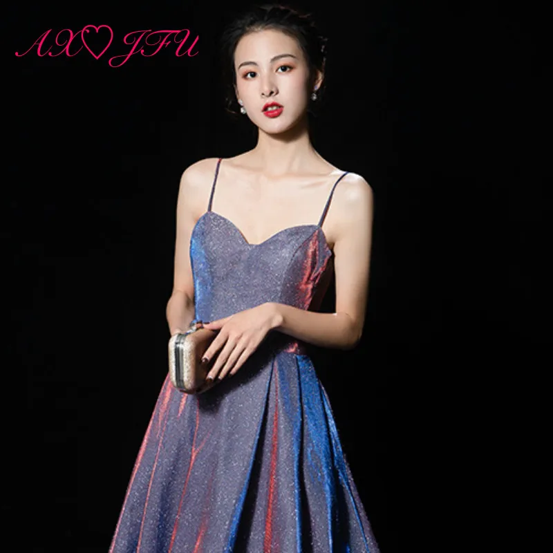 

AXJFU luxury princess purple sparkly spaghetti strap evening dress vintage stage host Ice silk lace pink party evening dress