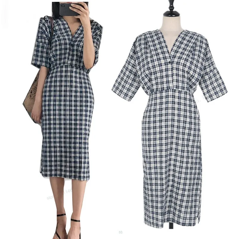 Женское винтажное платье с разрезом на талии хлопковое платье-рубашка в клетку