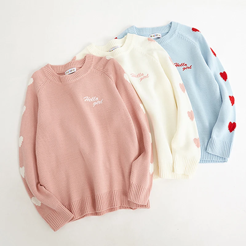 Winter women college warm thick casual loose student cute Heart letter embroidery round neck Long sleeve knitted Hedging sweater | Женская