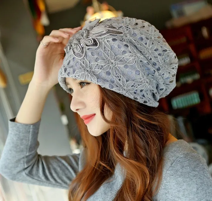 

[DINGDNSHOW] Brand Beanies Hat Adult Cotton Lace Double Flowers 2019 Knitted Cap Lady Skullies for Women