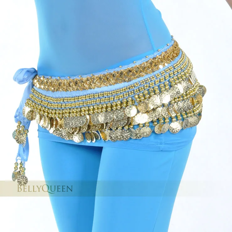 Sky Blue Костюм для танца живота, одежда для индийского танца, пояс для танца живота, цепочка на талию, набедренный шарф для женщин и девушек, танец с 248 золотыми монетами, 10 цветов - Цвет: Sky Blue