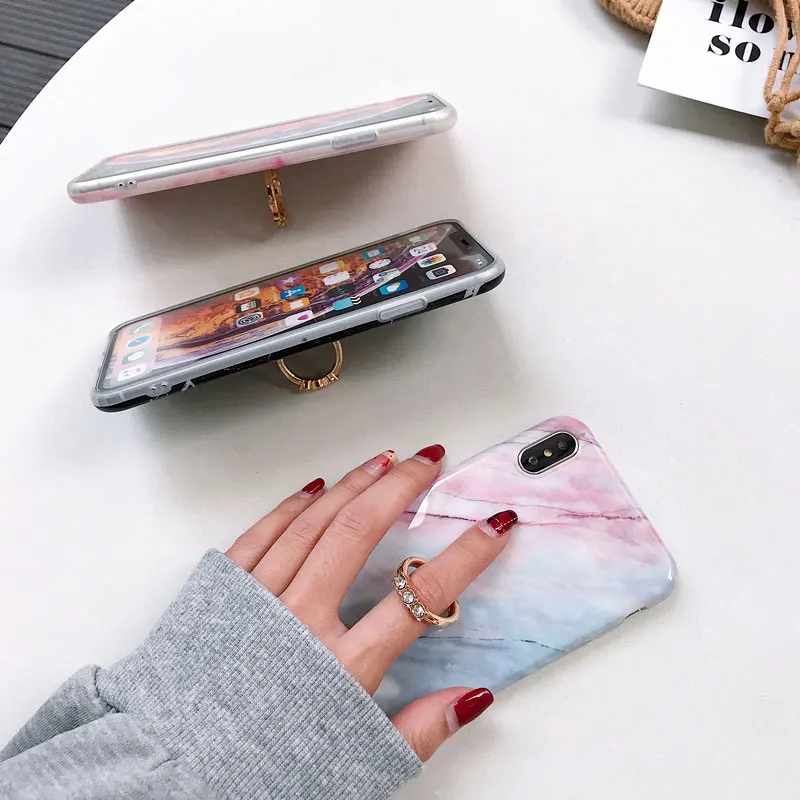 Роскошный Бриллиантовый чехол Boucho с кольцом подставкой для iPhone X XS MAX XR мраморный 6
