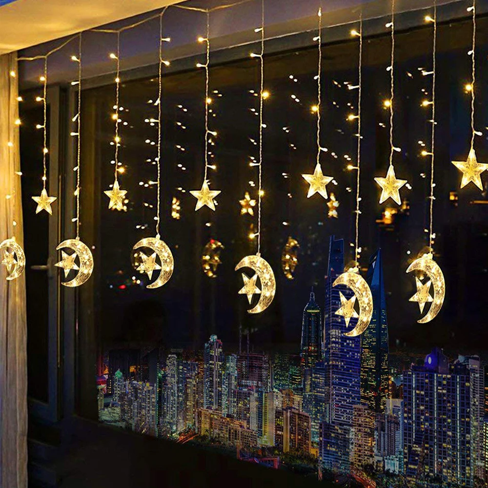 

Battery operated 2.5M 138leds moon star LED Christmas Curtain String Lights Ramadan Wedding New Year Party Decoration Lights