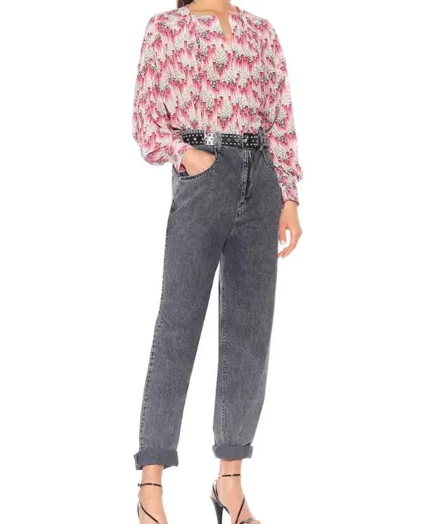 AMBA/шелковая блузка с принтом круглым вырезом кружевом разрезом сбоку длинными