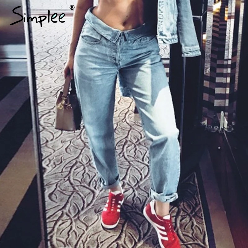 Simplee Fold-over waist blue jeans women pants Casual pocket denim harem Streetwear skinny autumn trousers 2019 |