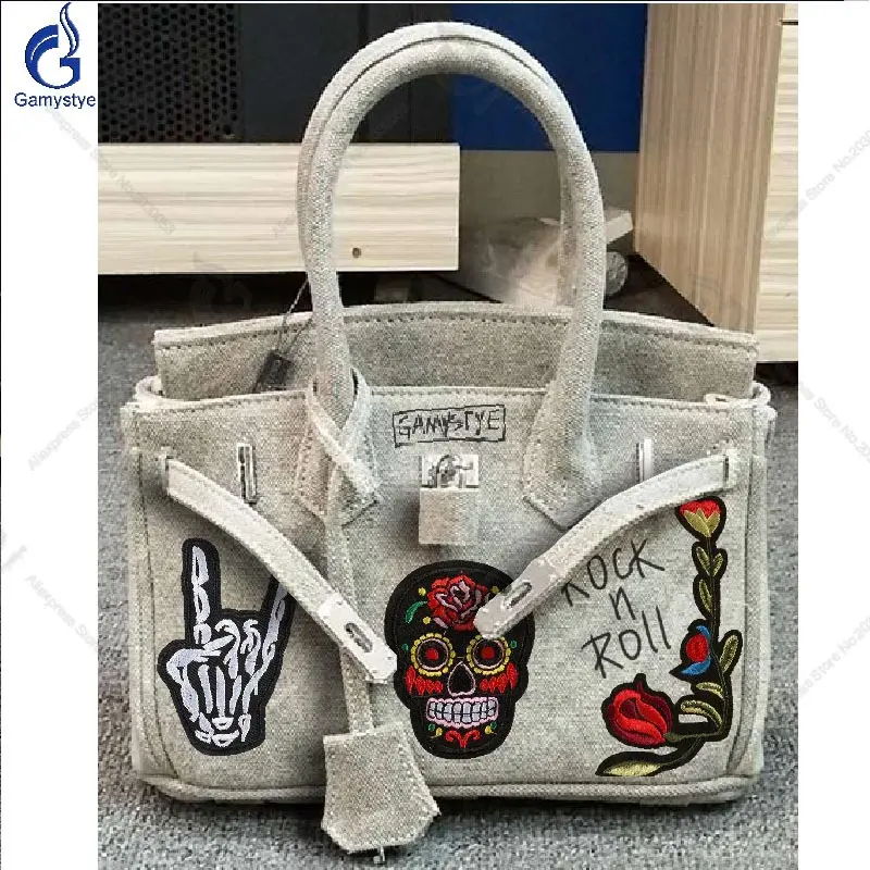 25cm gray Gamystye Женская Холщовая Сумка армейский зеленый мужские дорожные сумки повседневные сумки через плечо с замком рок-н-ролл Розовый Череп Новая модная сумка - Цвет: 25cm gray