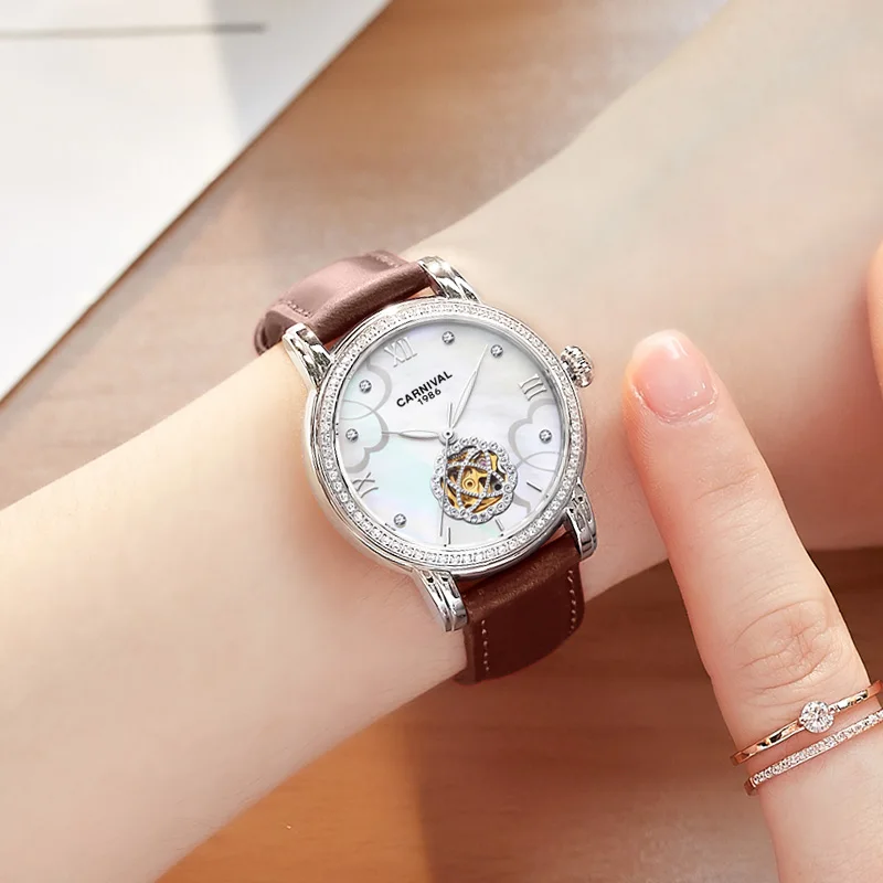 33mm 2017 New CARNIVAL Skeleton Mechanical Automatic Watch Wristwatch For Women With Red Leather Strap relogio feminino 2017 (art.: 7a54ca5af) - 7a54ca5af