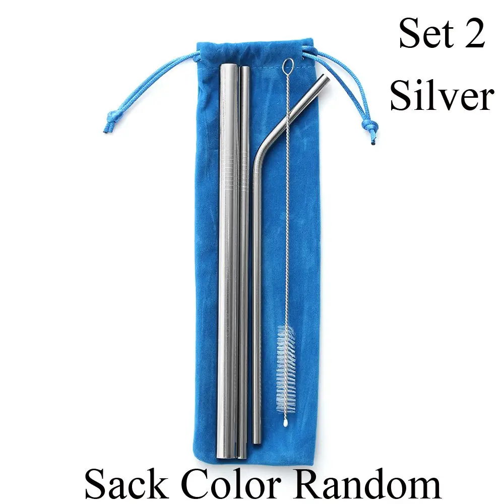 set2 silver 1 комплект соломинки из нержавеющей стали с чистящей щеткой бесплатный мешок прямые/изгиб многоразовые, для питья кружка с соломкой чашки бар аксессуары - Цвет: set2 silver