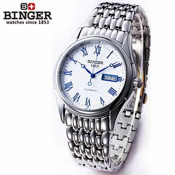 Элегантные мужские solid steel моды личности авто Binger часы из белого золота синий