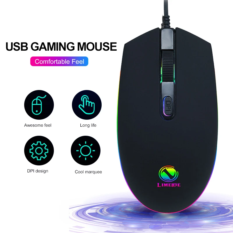 LIMEIDE Проводная игровая мышь RGB светодиодный Цвет подсветкой Дыхание Light 1600 Точек