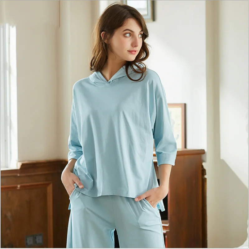 2019 Summer Female Casual pajama sets Women Half sleeve Hooded Collar t Shirt + Calf-Leng Pants Ladies 100%Cotton sleepwear suit | Женская