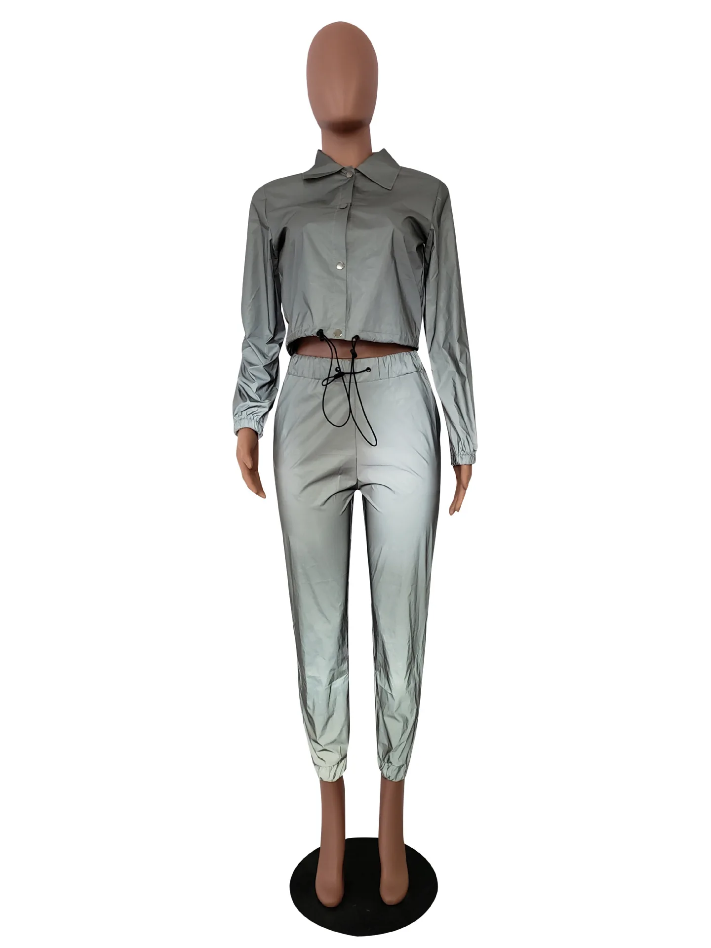 Новая мода Светоотражающие комплект из двух предметов Drawstring укороченный топ и