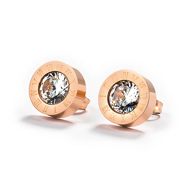 Rose Gold Корейские простые массивные серьги из нержавеющей стали, серьги-гвоздики для женщин, винтажные римские цифры, кристалл, маленькие серьги, ювелирные изделия - Окраска металла: Rose Gold