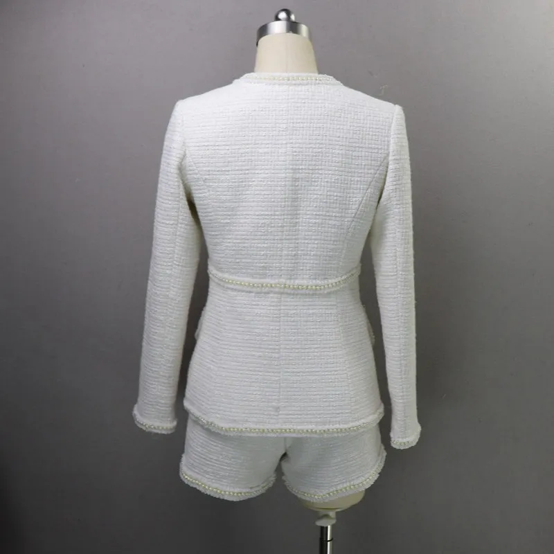 Women Sexy V Neck Tweed Jacket Pearls Bead White Coat Shors Two Piece Set Office Lady Party Ensemble Slim Fit Formal Outfits