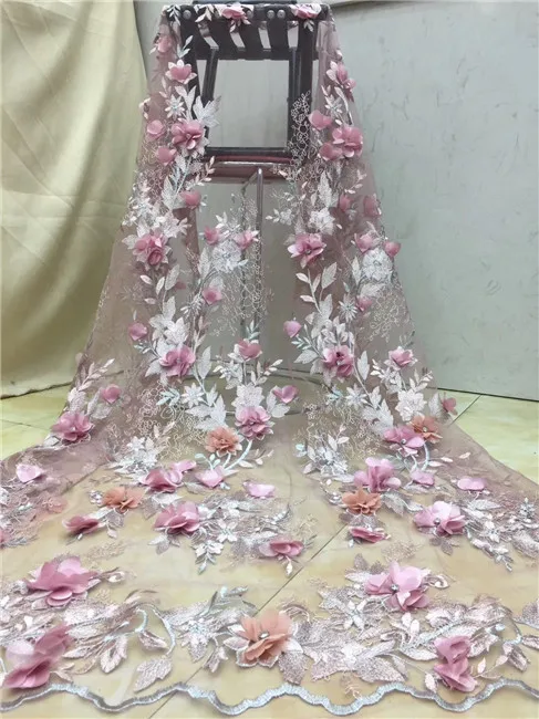 

African Lace Fabric,2019 Embroidered Laces Fabric,Pink color High Quality 3D Applique French Tulle Lace Fabric For Wedding Lace