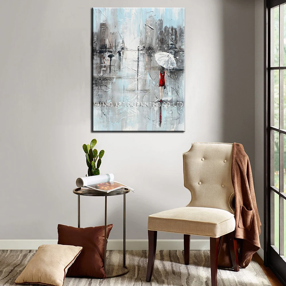 Ручная роспись пейзаж на Дождь Картина маслом для гостиной Декор красная юбка