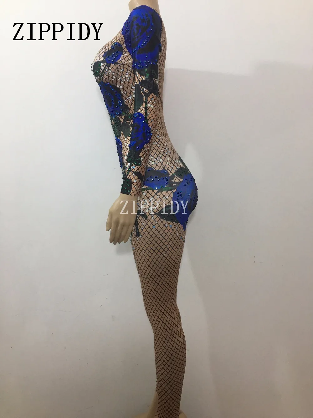 Fashion Blue Rose Flower Printed Colorful Rhinestones Bodysuit Performance Party Birthday Celebrate Shining Costume Dance Wear | Женская