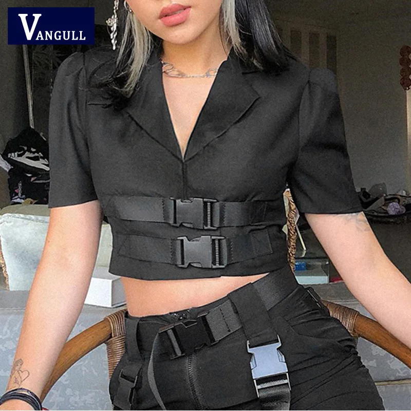 Vangull новый черный Высокая Талия куртка Лето 2019 Для женщин отложным воротником Crop
