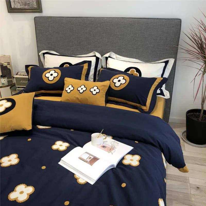 Синий желтый белый Четырехлистный Клевер вышивка Египетский хлопок